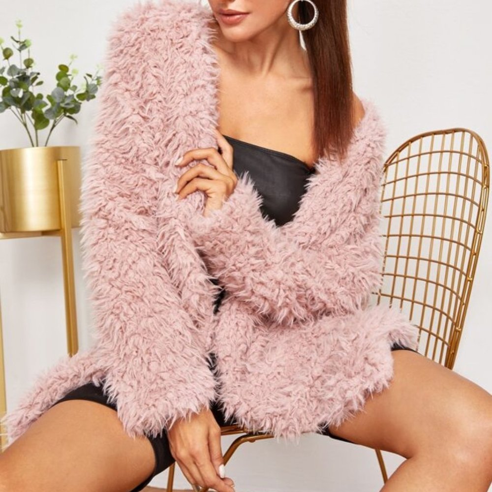 Pink oversized Open Front Fuzzy teddy Coat jacket - Picture 10 of 12